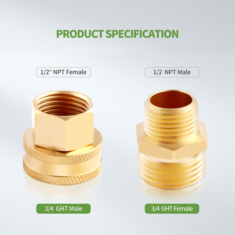 Litorange (2 Pack Lead-Free Metal Brass Garden Hose Threaded 3/4"" GHT to 1/2"" NPT Fitting Connect  Green Thumb Quick Swivel Connector Adapter  Double Male and Female Thread GHT 3/4"" x 1/2"" NPT Pipe - Image 3